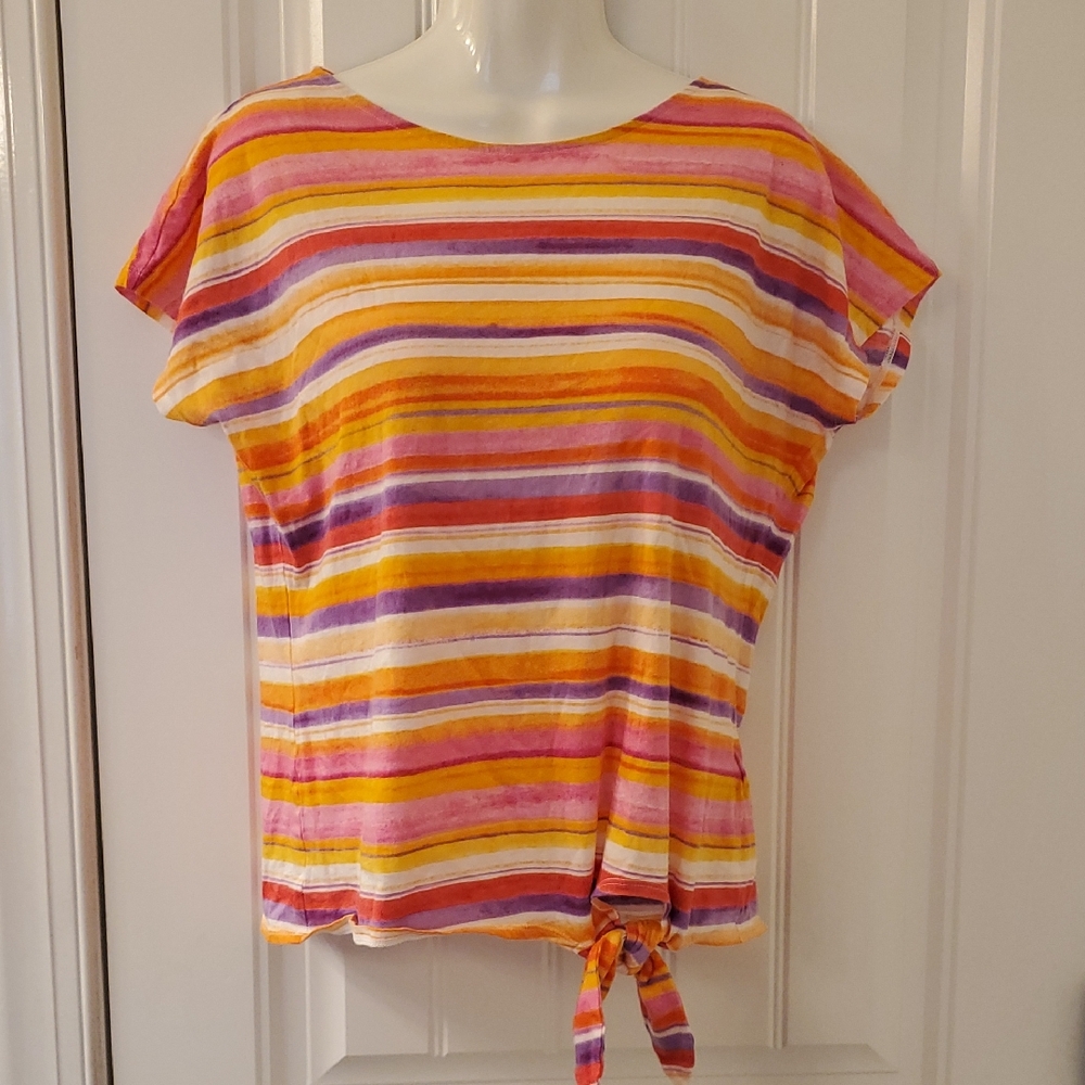 Lauren Ralph Lauren Orange Yellow Cap Sleeve Tie Front Tee
